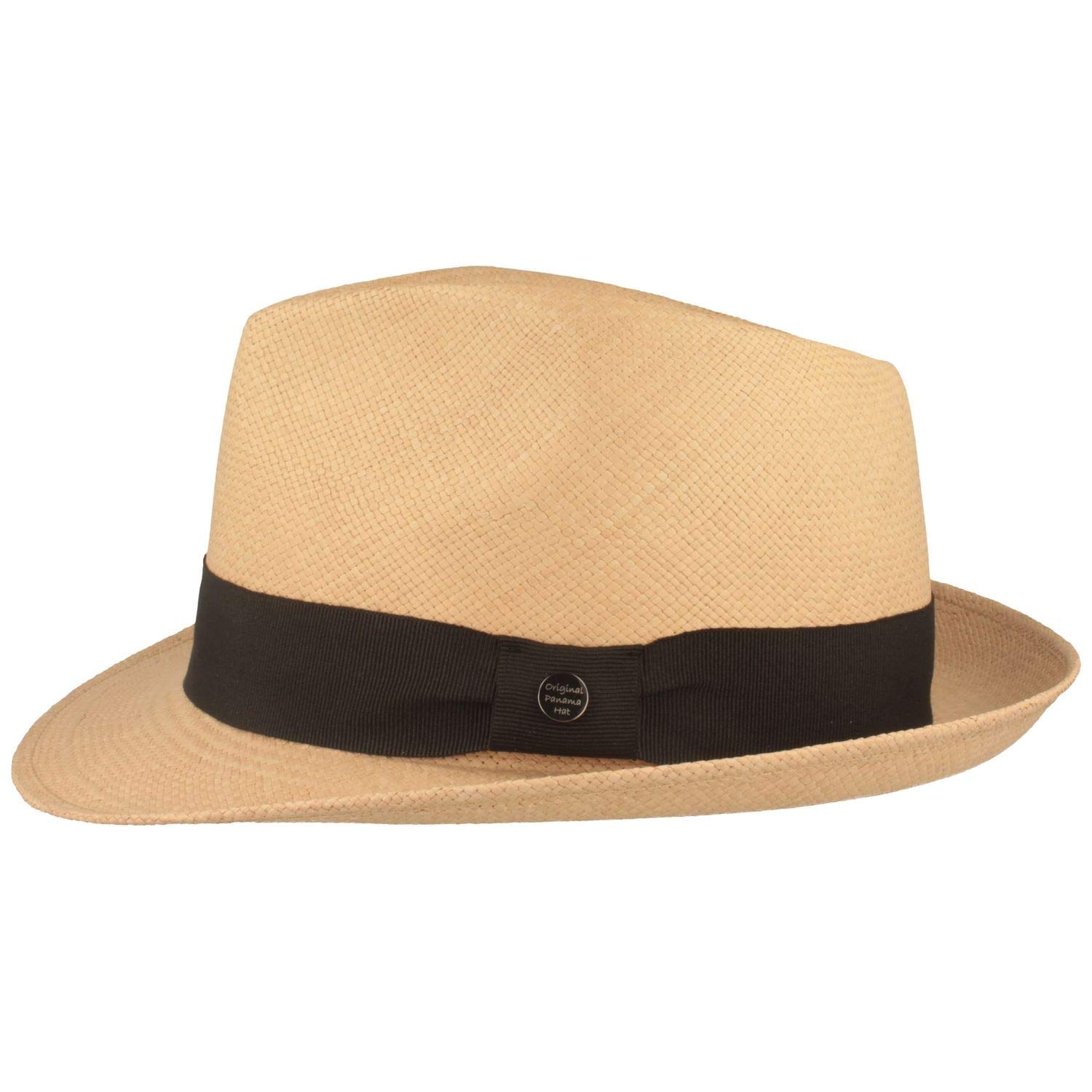 Breiter Original Sombrero Panamá de Paja Hecho a Mano en Ecuador Sombrero de Verano Trilby Protección UV - 100% Paja - Refuerzo contra deformaciones