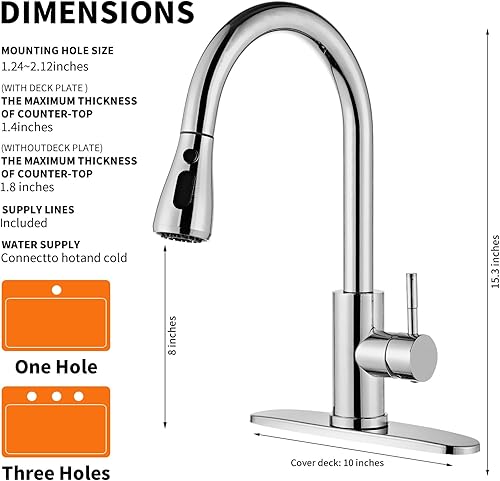 Miniatura 2 de Grifo de cocina con rociador desplegable cromado, placa de fregadero de una sola manija de arco alto, grifos comerciales modernos de acero