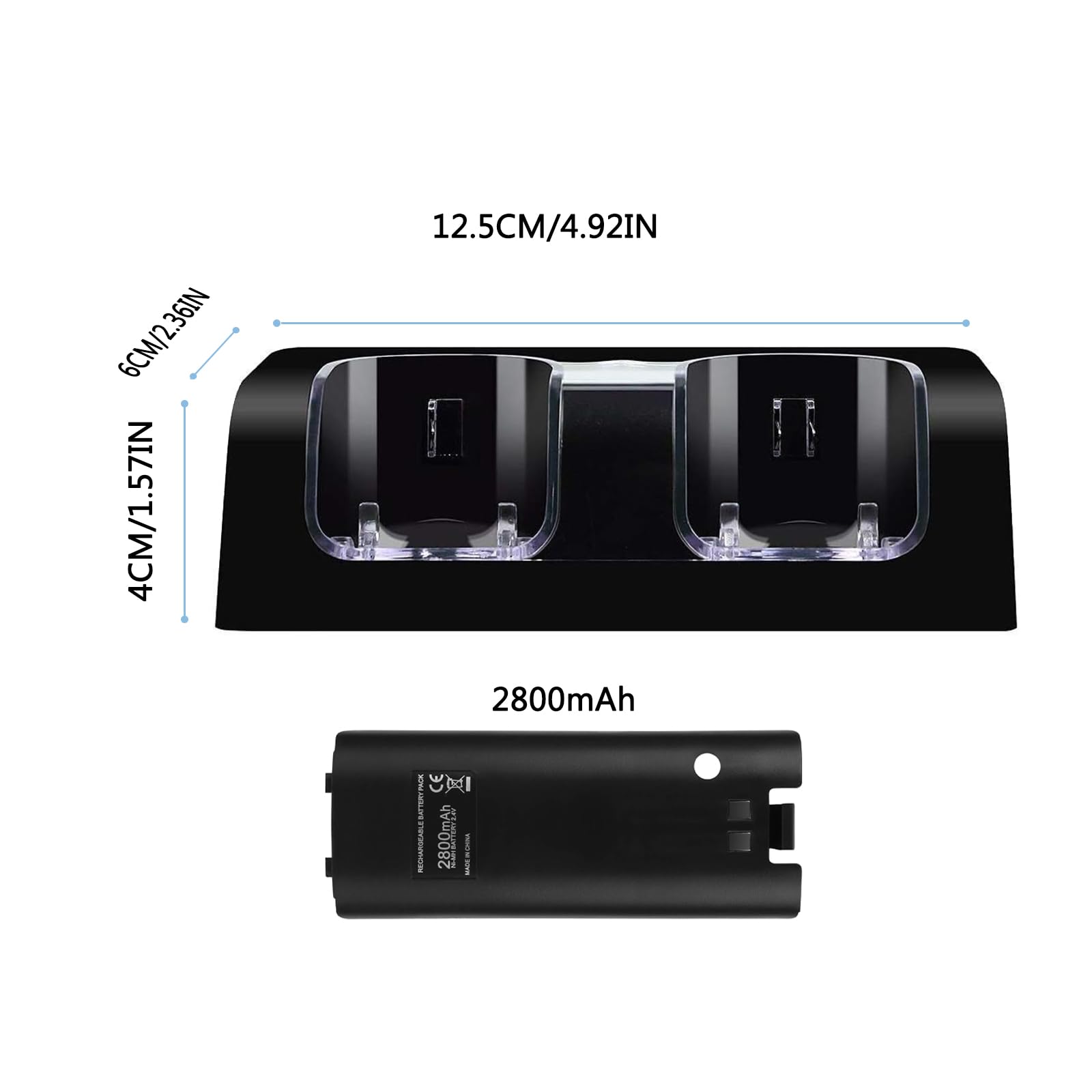 Station de Recharge 2-en-1 pour Deux manettes Wii avec 2 Batteries, Noire | 2 batteries rechargeables de 2800 mAh, charge automatique et simultanée, conçue pour les télécommandes de jeu Wii