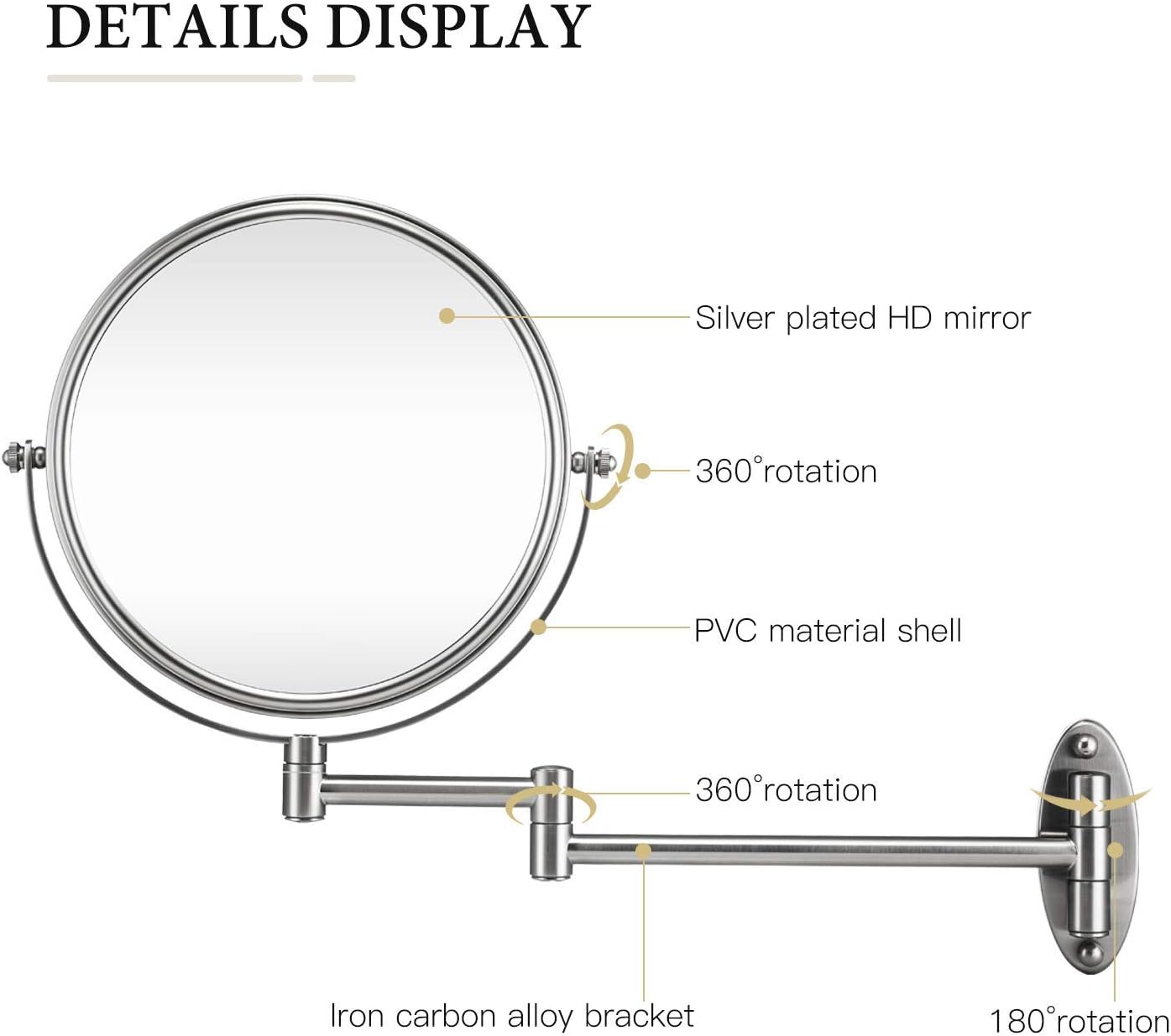 GloRiastar 10X Wall Mounted Makeup Mirror - Double Sided Magnifying Makeup Mirror for Bathroom, 8 Inch Extension Brushed Nickel Mirror Finished