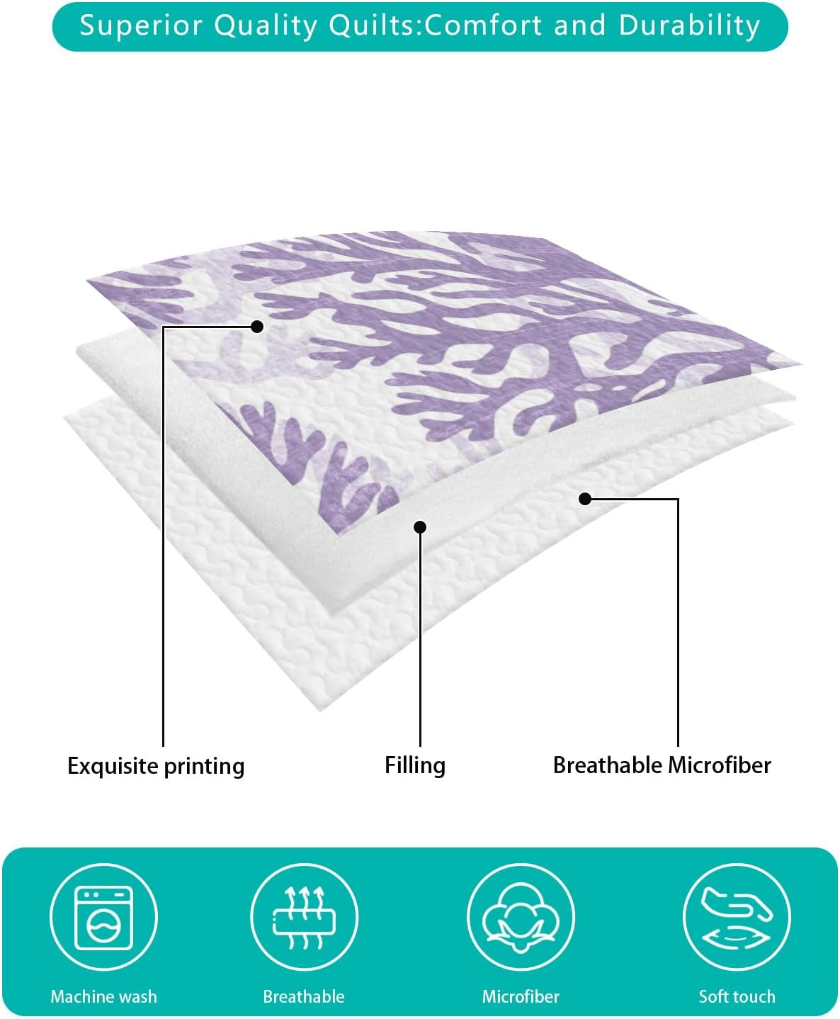 King Size Quilt Set, Summer Coastal Purple Coral Lightweight Bedspread Coverlet Set Soft Microfiber Summer Quilt with 2 Pillow Shams, Vintage Marine Life 3 Piece Comforter Bedding Set