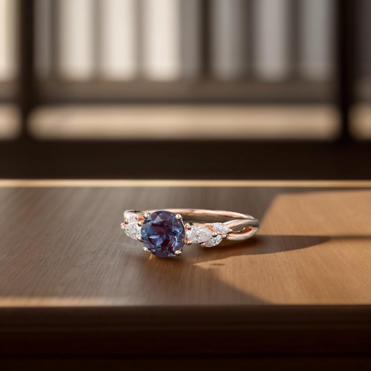 Alexandrite Engagement Ring 10K/14K/18K Solid Rose Gold Unique Vintage 1CT Round Alexandrite Ring Leaf Flower Twisted June Birthstone Wedding Ring Personalized Birthday Christmas Gift for Woman