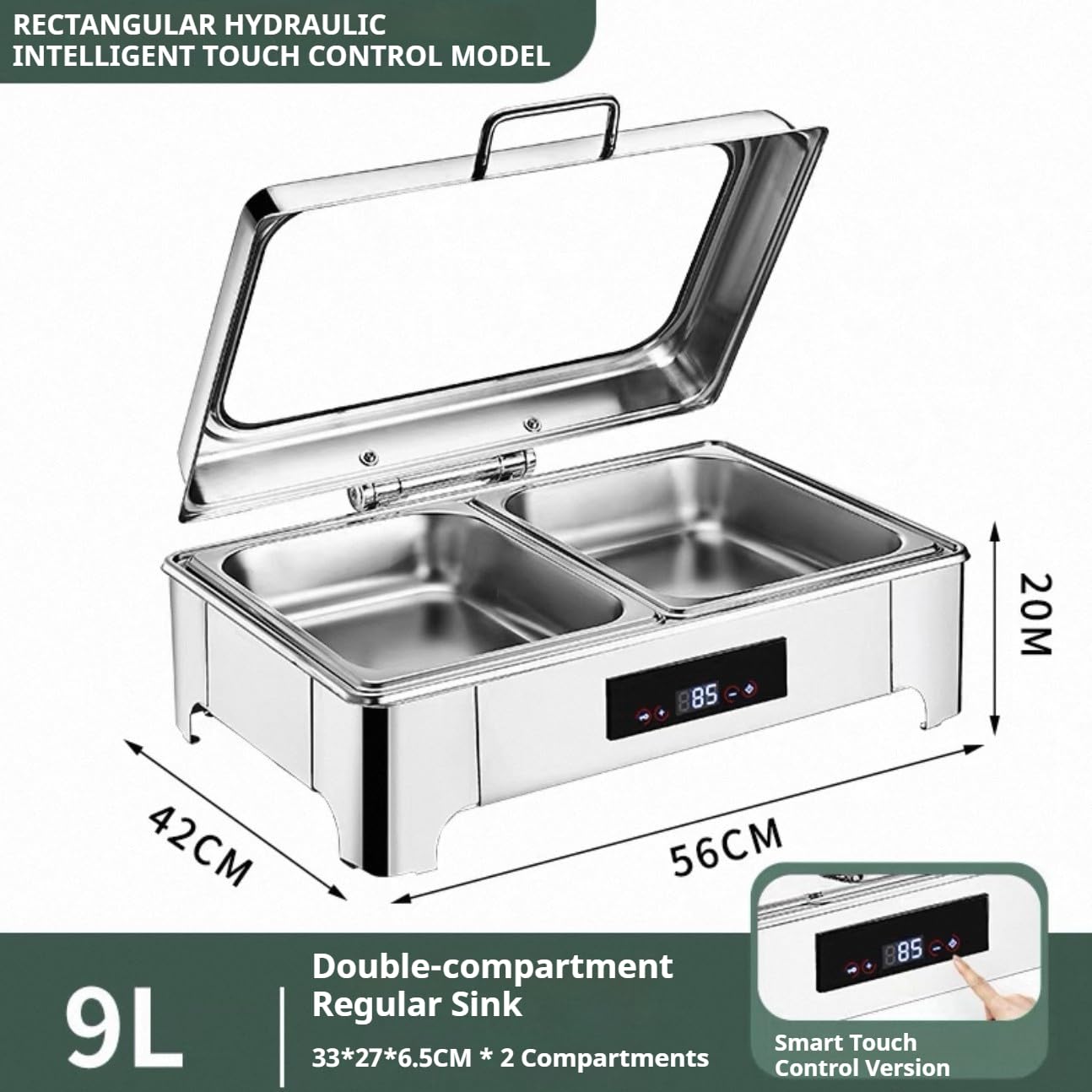 Juego de bandejas de calentamiento de buffet de 400 W con tapas hidráulicas, diseño sensible al tacto, acero inoxidable, para fiestas y servicios de catering