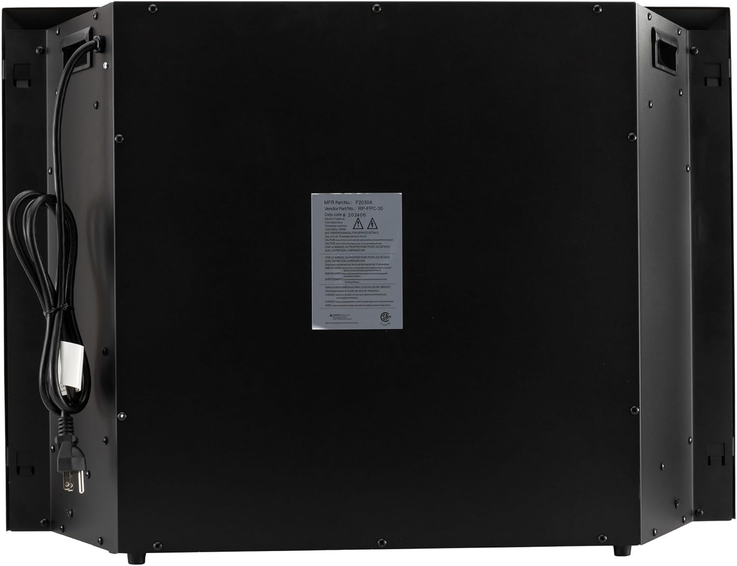 belakang view of the RecPro RV 30-inch Electric Fireplace showing the power cord and label