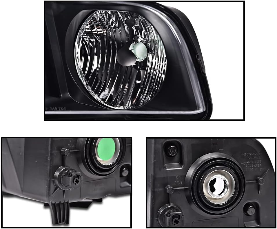 Headlights, Compatible with Ford Mustang 2005-2009, Front Headlamp Replacement Headlights Assembly, Left Driver Side, Clear Lens Black Housing Amber Reflector