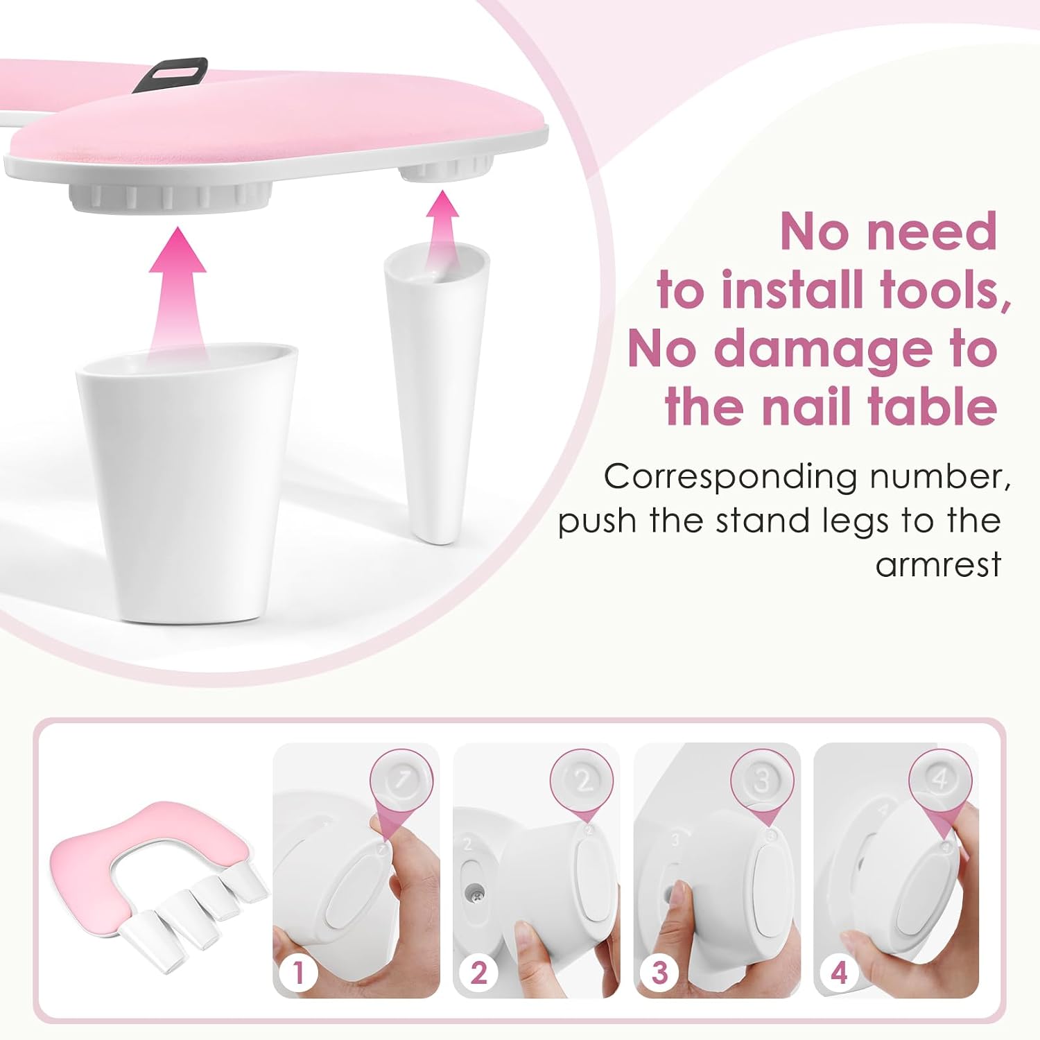 LIONVISON Arm Rest for Nails Tech: U Shaped Ergonomic Nail Hand Rest Stand PU Leather with Rotating Phone Holder for Nail Salon Manicurist (Pink)