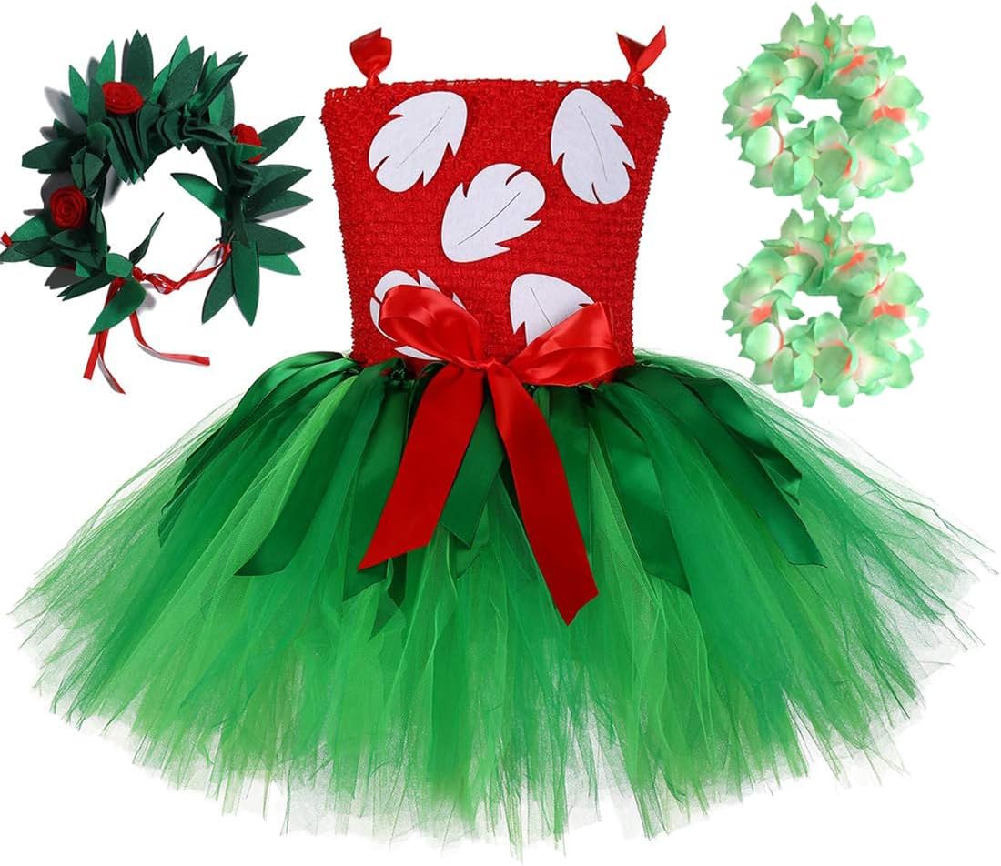 Tutu Dreams Summer Hawaiian Red Green Tutu Dress for Girls 1-12Y with Tropical Fern Leaf Headband Birthday Party Gifts