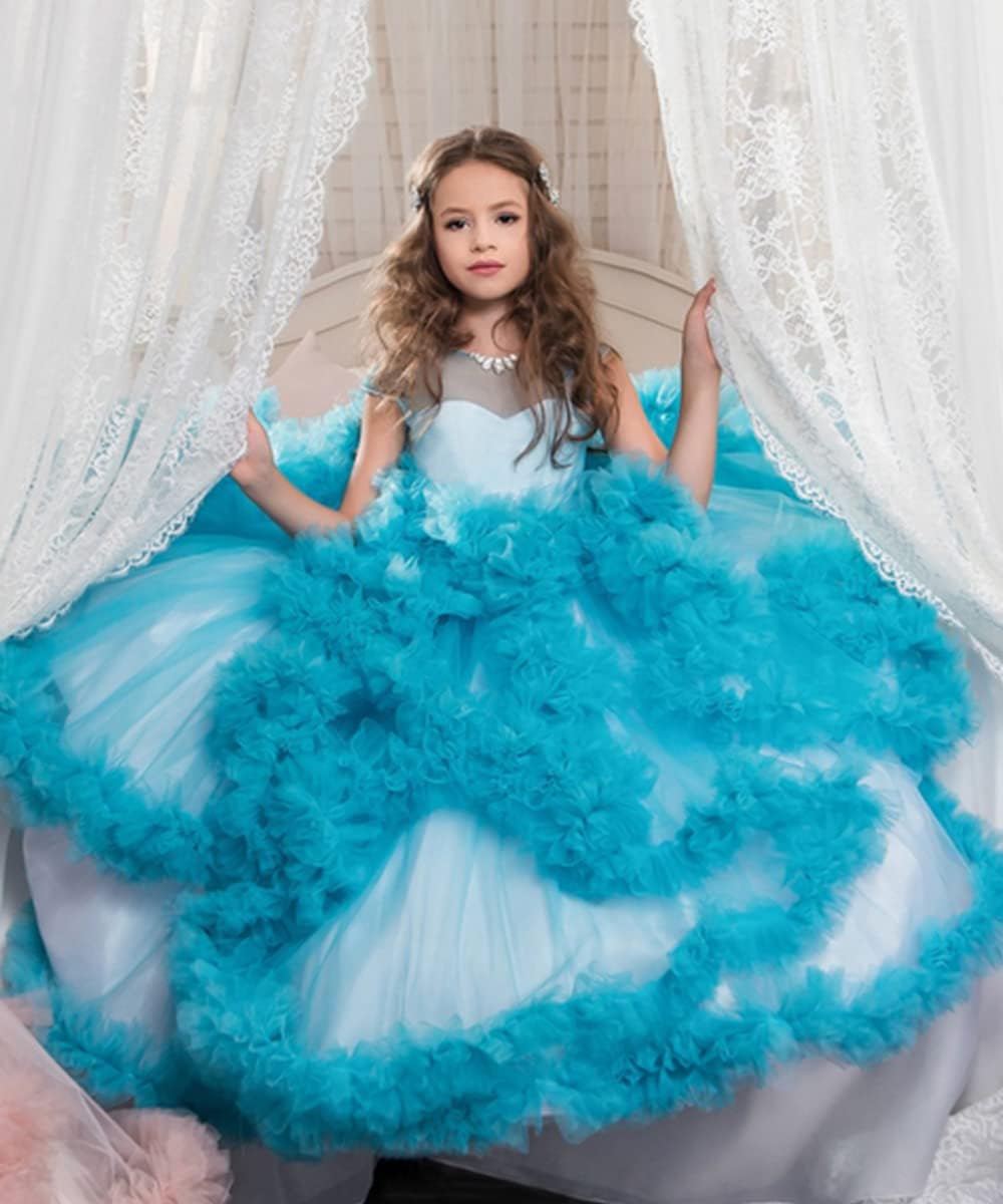 Stunning V-Back Luxury Pageant Tulle Ball Gowns for Girls 2-12 Year Old 2 Blue