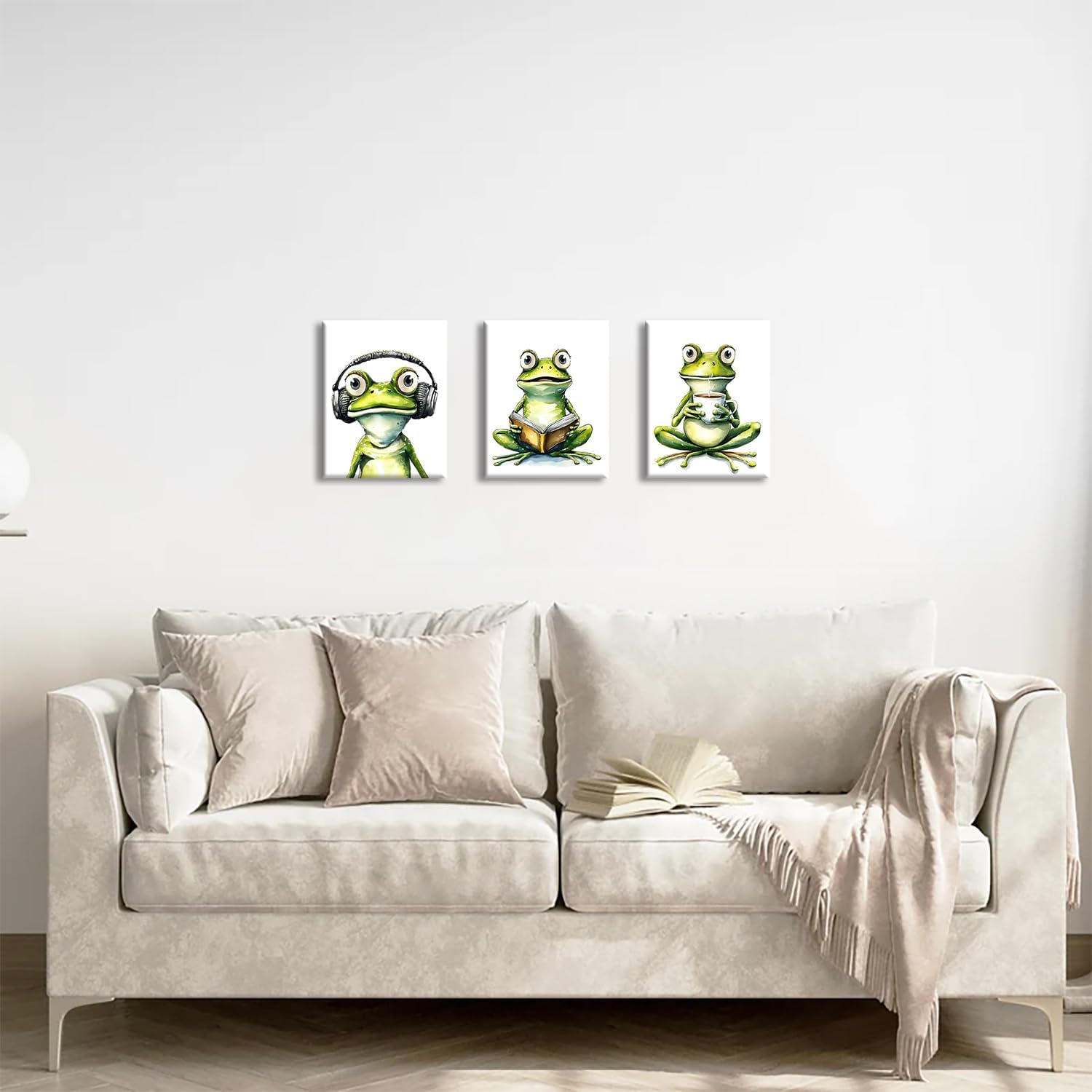 Framed Frog Wall Art Decor Set of 3,Watercolor Funny Animal Prints,Cute Reading Frog with Headphones & Coffee, Whimsical Home Decor for Bathroom, Bedroom, Kids Room 8"x10" image 2