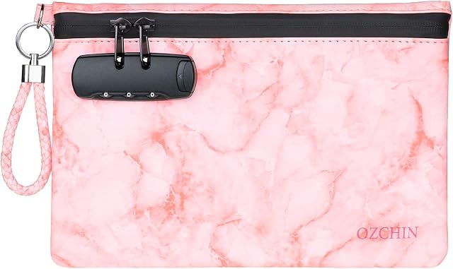 OZCHIN Smell Proof Bag with Combination Lock Certificates Organizer PU Leather Lock Bag Travel Storage Case 10 x 7 inches (Pink)