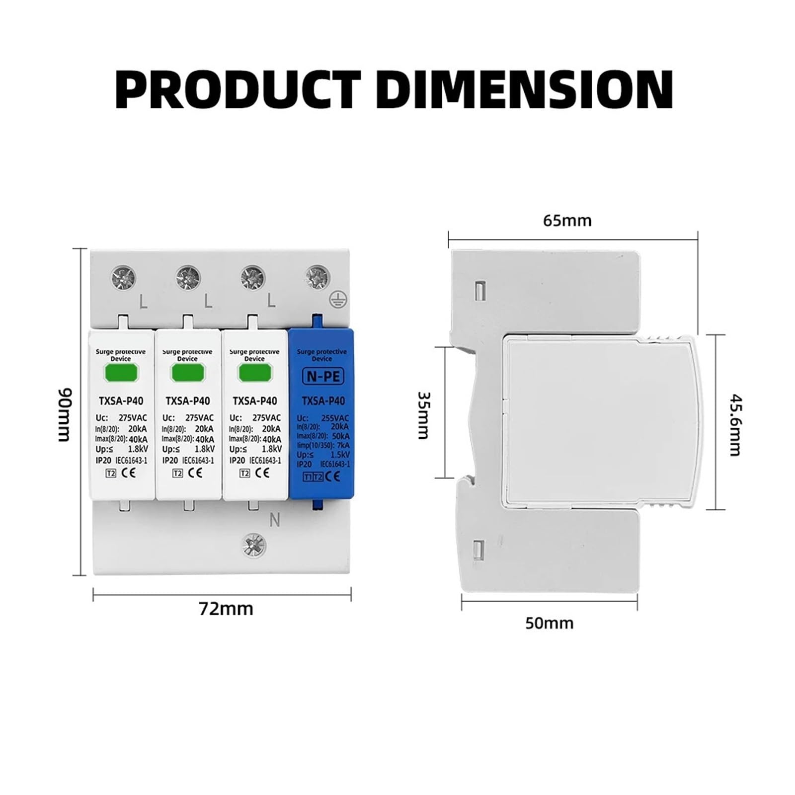Protector contra sobretensiones y pararrayos Pararrayos CA SPD 3P+NPE 40KA 50KA T1 T2 385V 275V 255V Dispositivo de protección contra sobretensiones for el hogar(385V)