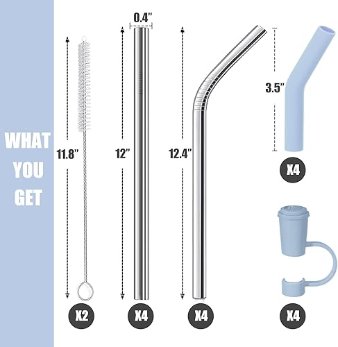 Miniatura 2 de 8 popotes de acero inoxidable para vaso Stanley Adveture Quencher de 40 onzas, popotes de repuesto de metal de 12 pulgadas con 8 cubiertas de popote