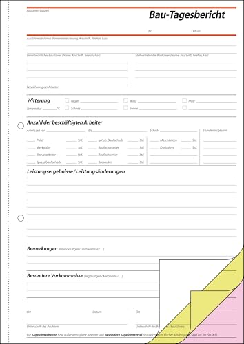 SIGEL SD063 Bautagebuch A4, 3x40 Blatt, selbstdurchschreibend, mikroperforiert, mit Abheftlochung, aus nachhaltigem Papier