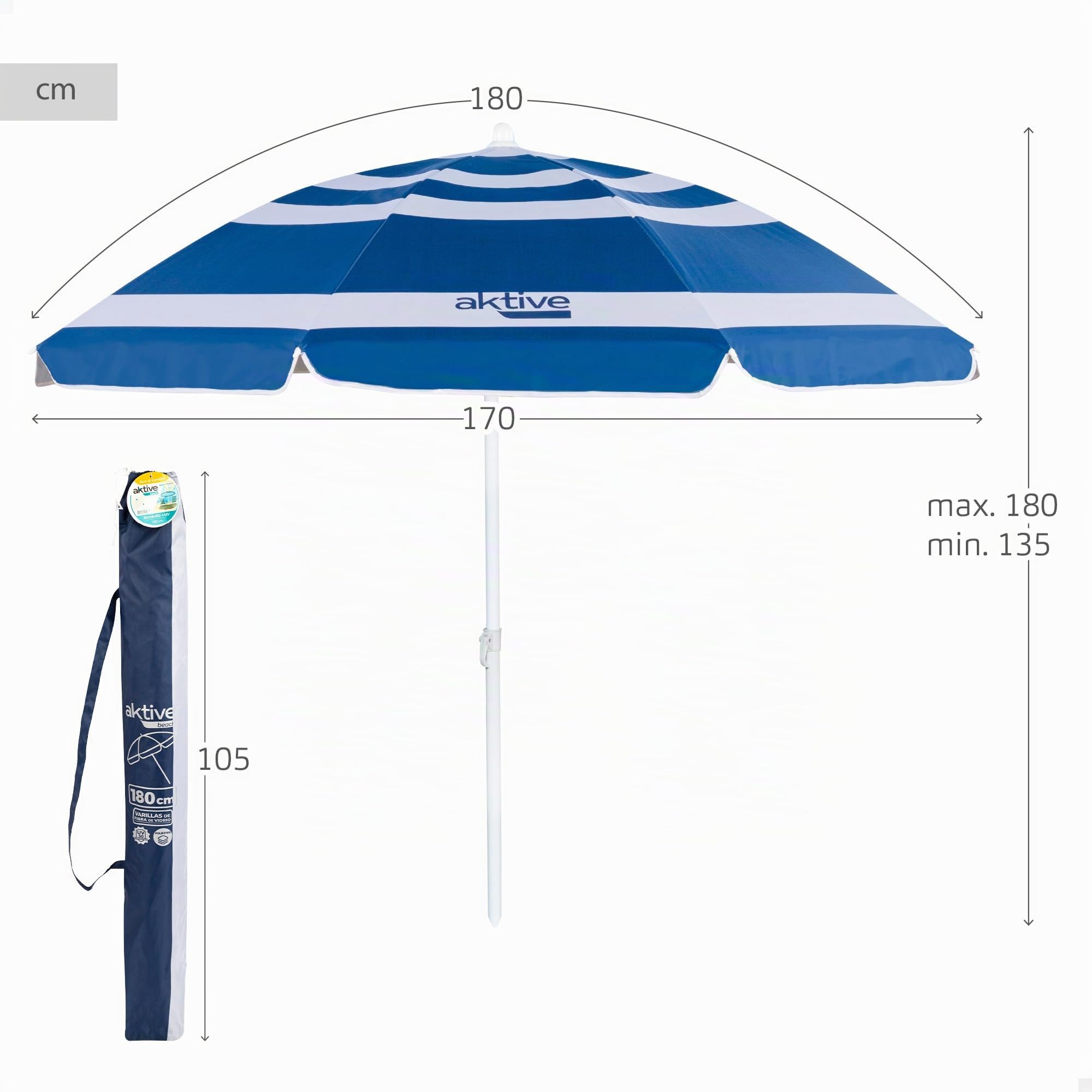 AKTIVE Ombrellone da spiaggia pieghevole stile marinaio a righe Ø180, con rivestimento argentato e protezione UV 50, paravento spiaggia, ombrellone parasole, parasole, parasole, parasole, ombrelloni