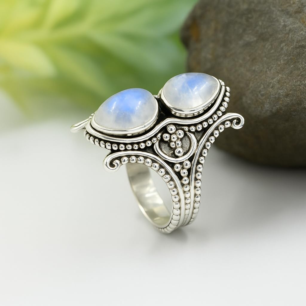 Handmade 925 Sterling Silver Double Pear Cabochon Bohemian Vintage Statement Ring for Women Birthstone Gift Jewelry