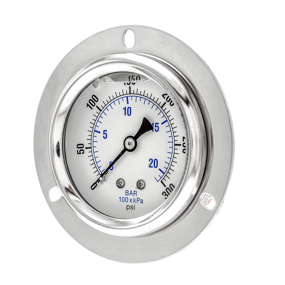 PIC Gauge PRO-204L-254H - Medidor de presión industrial con tapa frontal de glicerina con caja de acero inoxidable, interior de latón, lente de plástico, tamaño de esfera de 2-1/2", macho NPT, 1/4", 0/300 psi