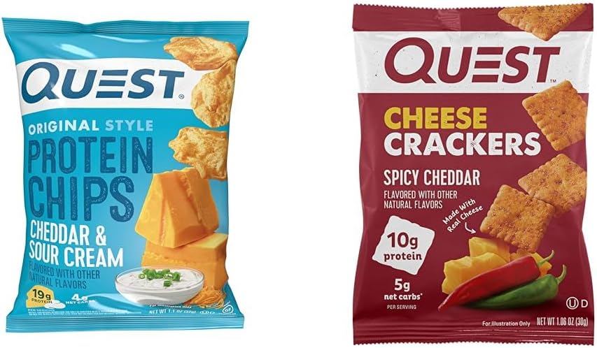 Quest Protein Chips, Cheddar & Sour Cream, 1.1 Oz (12 Count) & Cheese Crackers, Spicy Cheddar Blast, 1.06 Oz (12 Count)