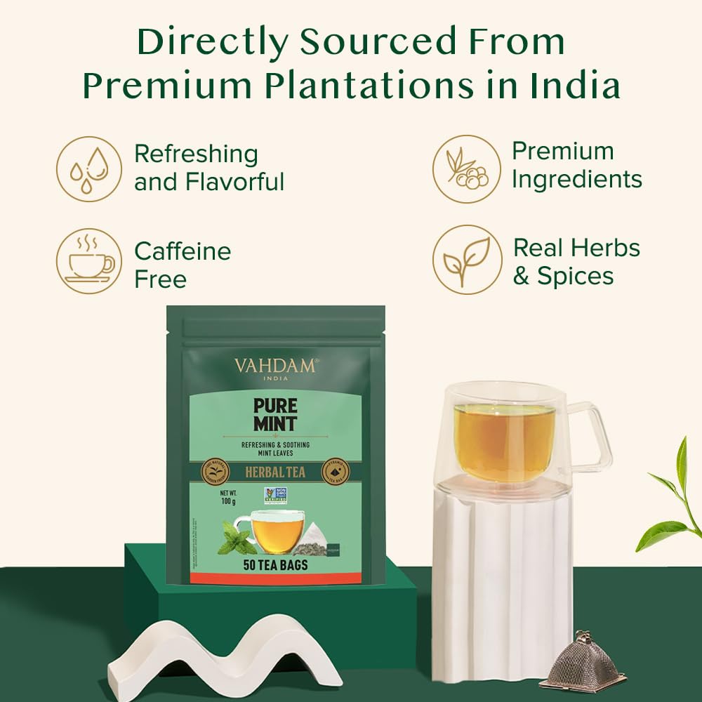 VAHDAM, Pure Mint Infusion Bags – 50 Pyramid Bags | Caffeine Free, Non-GMO, Gluten-Free | Botanical Tisane – Sweet & Minty | Resealable Ziplock Pouch 2