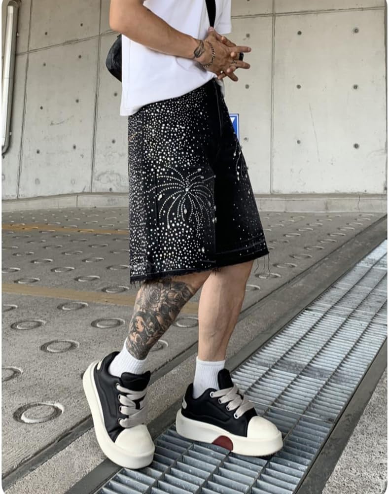 Men's Rhinestones Denim Shorts Summer Loose Straight Leg Jean Shorts with Pockets