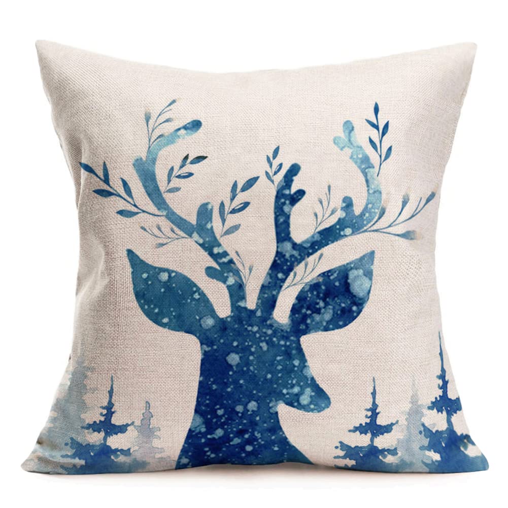 Smilyard Christmas Elk Throw Pillow Covers Navy Blue Christmas Pillow Cover 16x16 Inch Farm Animal Farmhouse Pillow Cover Cotton Linen Outdoor Xmas Decoration Pillow Case for Sofa (B-Elk)