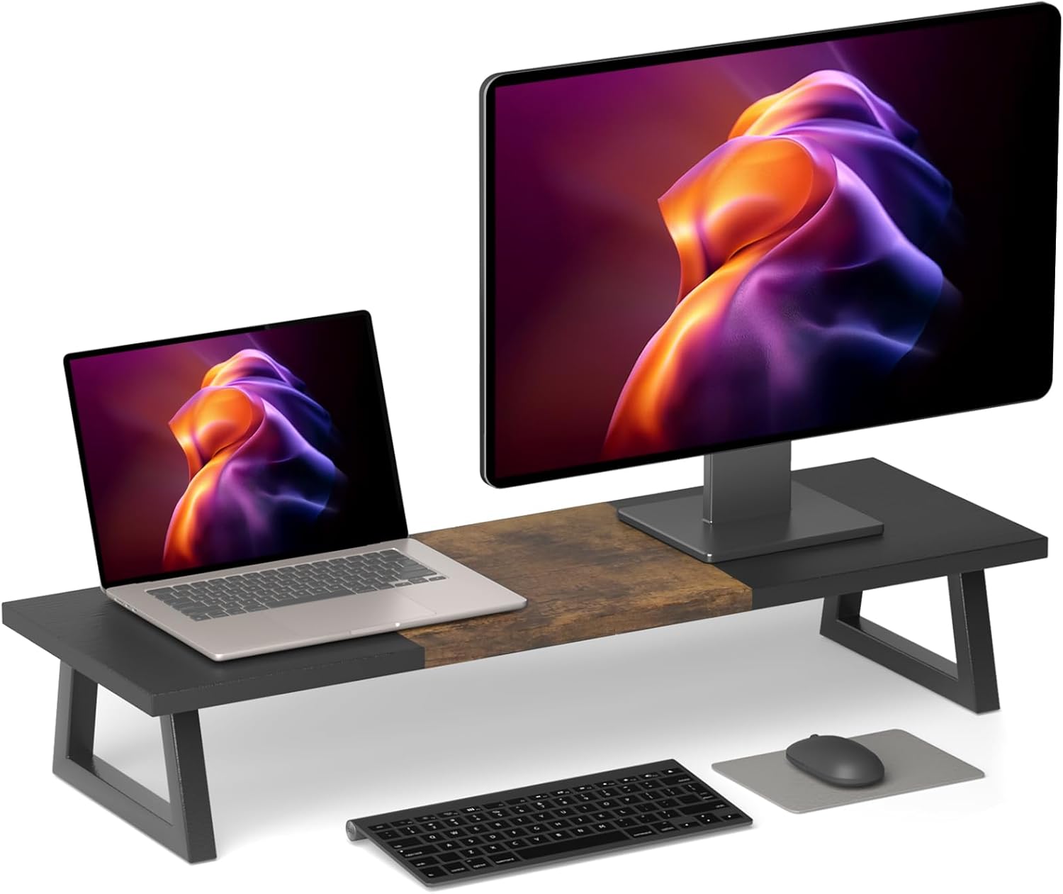 TEAMIX 31.5 inch Dual Monitor Riser, Long Monitor Stand Riser Wide TV Stand Riser Monitor Stand for 2 Monitors Wood & Steel Desktop Riser Desk Organization Home Office, Black+Brown