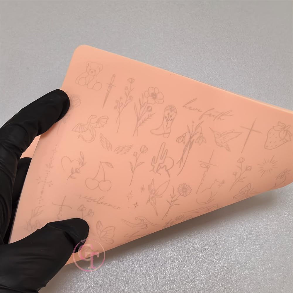3mm Thick Tattoo Fake Skin Double Sides Pre-printed Fine Line Practice Skin with Tiny Tattoo Stencils for Machine Precise Tattooing (3pcs Pink Pads)