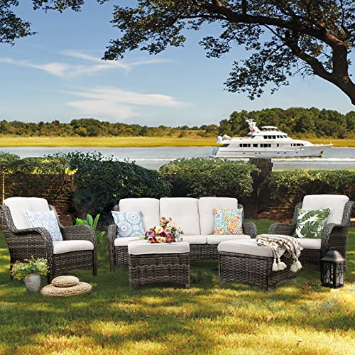 Joyside Patio Furniture Set 5-Piece Wicker Outdoor Furniture Conversational Set With 3-Seat Sofa, 2 Armchairs, 2 Ottoman Patio Rattan Wicker Sectional Sofa Set With Waterproof Cover, Beige #TOP5