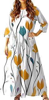 Fall Dresses for Women 2025 Bohomian Floral Three Quarter Sleeve Dresses with Pockets Loose Fit Flowy Shirt Dress