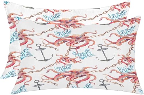 Octopus Anchor 12x20 Pillow Cover Set of 2 Throw Pillow Cases with Zipper Bed Pillow Protectors Case Set for Couch Sofa Bedroom Car Living Room