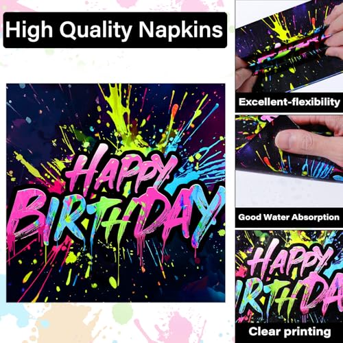 Image of Qyeahkj 100 Pcs Neon Birthday Party Supplies Colorful Graffiti Paper Plates and Napkins Set Disposable Glow Neon Happy Birthday Tableware Decorations for Party Favors Serves 25