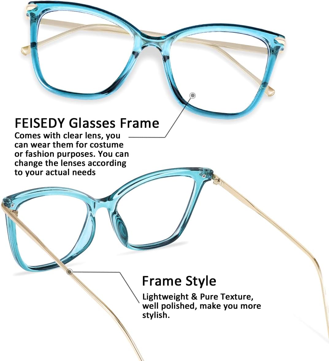 FEISEDY Oversized Cat Eye Glasses Frame with Clear Lenses Eyewear for Women B2460 Lake Blue 53 Millimeters image 3 of 7 B09J7XMZQF