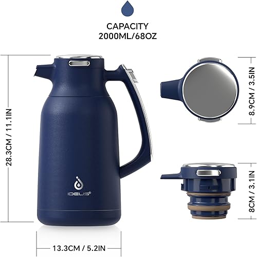 Miniatura 5 de IDEUS Jarra térmica de acero inoxidable de 68 onzas termo de vacío aislado de doble pared dispensador de agua para café y bebidas 12 horas de calor