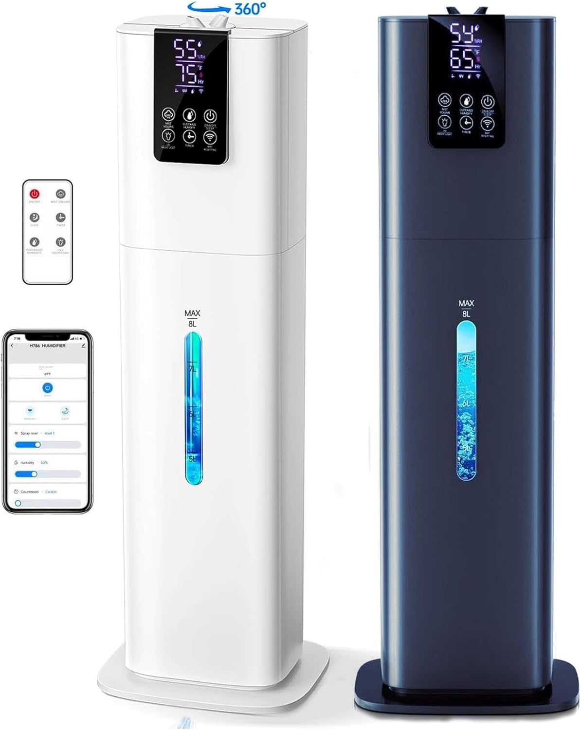 8L 2.1Gal Smart Humidifiers for Bedroom Large Room, Cool Mist Top Fill Diffuser Ambient Light, App & Remote Control, 3 Mist Modes, Quiet Humidifier for Home Office Plant