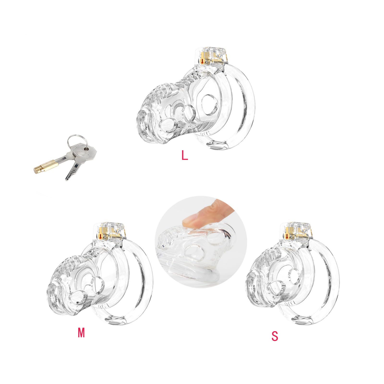 Cage de Chasteté en Silicone Chastity Cage avec 6 Anneaux de Tailles Différentes Sex Toýs Homme Cage à Pénis avec Cathéter et Serrure Cage Chastetée pour Immobiliser le Pénis (Transparent,S)
