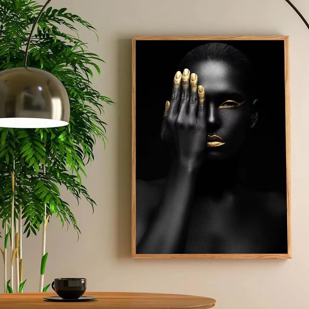 DFZEWKI Modern Black Gold African Woman Portrait Print Home Living Room Bedroom Entrance Bar Restaurant(70x100cm(28x39in)/No frame)