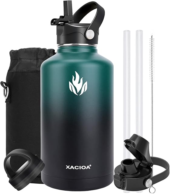 XACIOA Water Bottles Insulated 64oz/2L,Stainless Steel Drink Flask with Straw Lid Spout Lid, Half Gallon Large Sport Wide Mouth,Vacuum Double Wall Keep Cold for 48Hrs,BPA Free