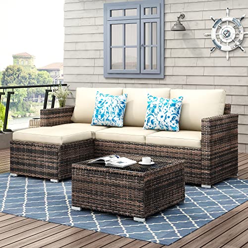 Suntone Patio Furniture Set All Weather Wicker Outdoor Sectional Patio Couch Rattan Patio Sectional With Table And Chairs, 3 Piece Patio Sofa Set, Beige #TOP1
