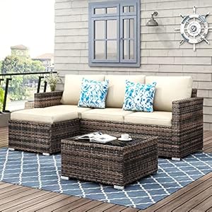 SUNTONE Patio Furniture Set All Weather Wicker Outdoor Sectional Patio Couch Rattan Patio Sectional with Table and Chairs, 3 Piece Patio Sofa Set, Beige