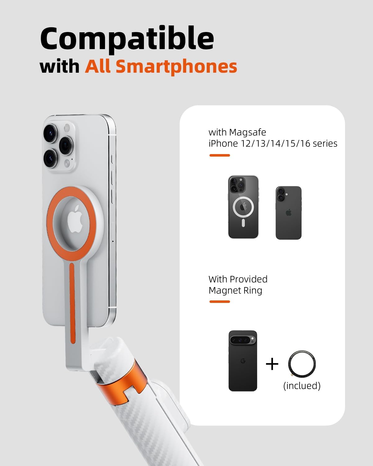 TODI 65" Magnetic Tripod for iPhone with Remote, Selfie Stick for iPhone Magsafe, Cell Phone Tripod Stand for Recording, Travel Tripod Compatible with 16/15/14/13/12 Series (White) - Image 5