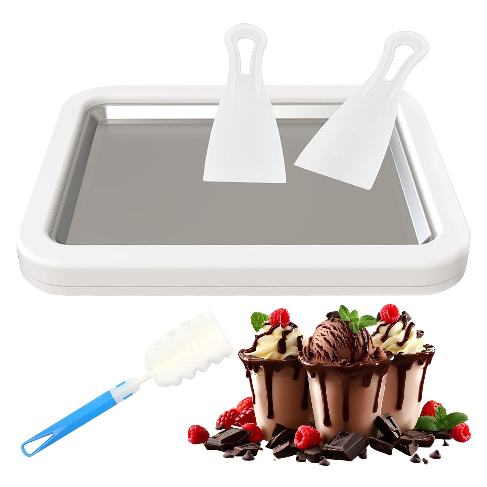 Rulld Ice Cream Maker con 2 spatole, gelato rolls con spazzola per la pulizia, Ice Cream Rolls Maker, gelato macchina per gelato, ghiaccio Rolls Machine - bianco - 26 x 21 cm