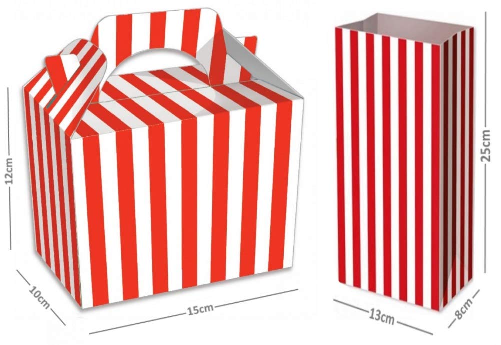 mbb Red Stripe Party Food Boxes & MATCHING Tall Sweet Candy Cake Pick N Mix Bags (30)