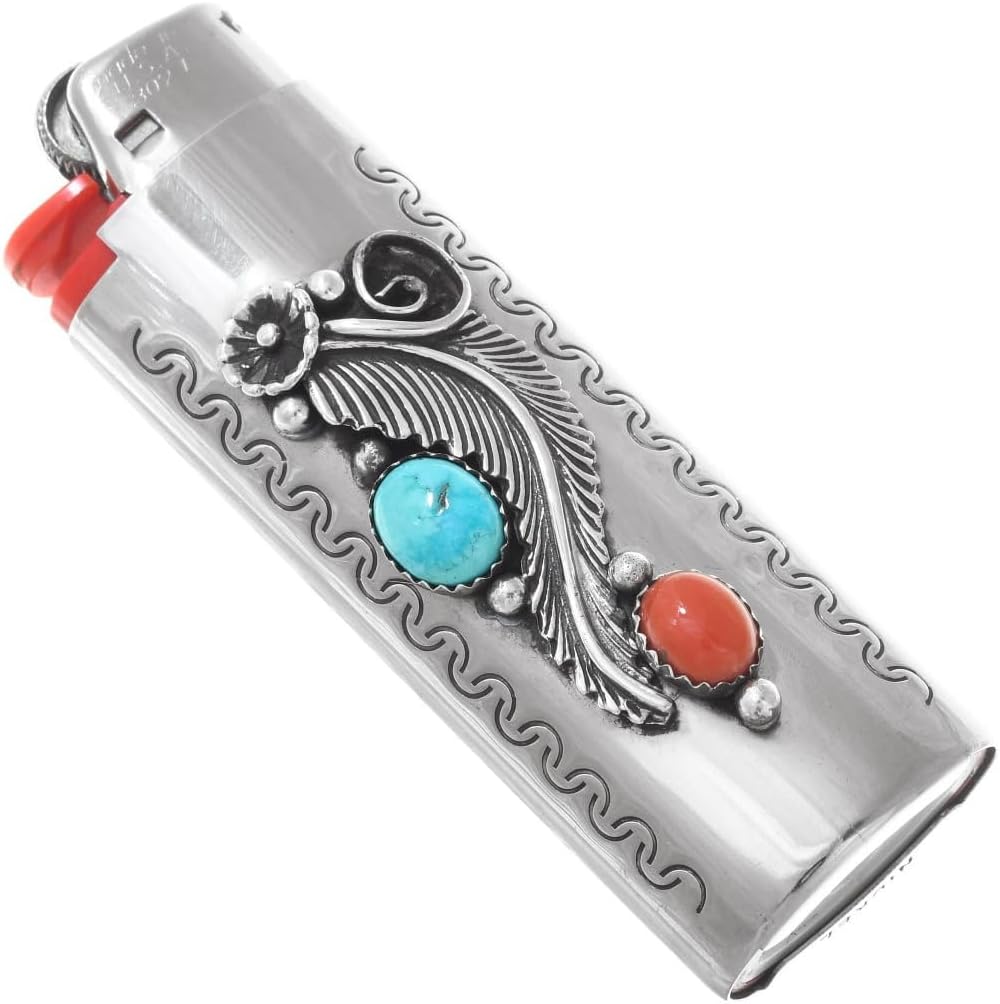 Alltribes Native American Turquoise Coral Stamped Silver Lighter Case Cover Sterling Leaf and Flower Design on Silver Housing 0100