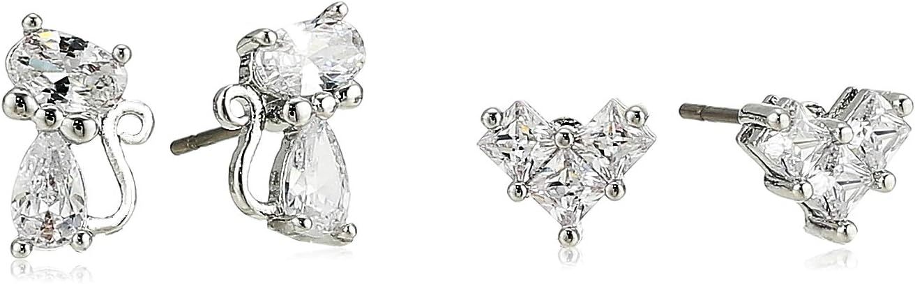 Betsey Johnson CZ Stone Delicate Cat & Bow Duo Stud Earrings Set