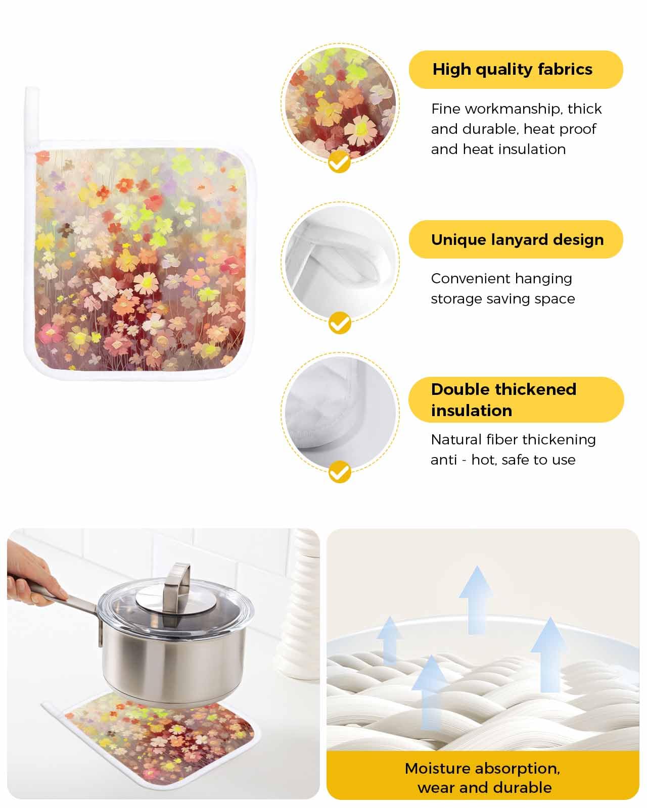 2 Packs Daisy Floral Pot Holders Sets for Kitchen Oven Pan Plate Bowl Pads Heat Proof Mat with Hanging Loop Thick Terry Cloth Potholders For Cooking Baking Colorful Flower Blossom Paintings Watercolor