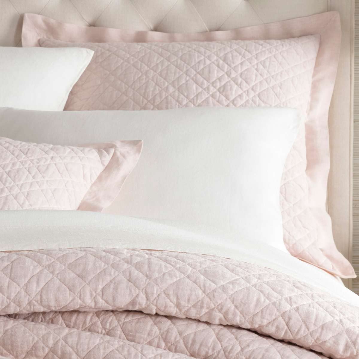 Pine Cone Hill Washed Linen Soft Pink Quilted Sham, King Size, Pink Solid Pattern