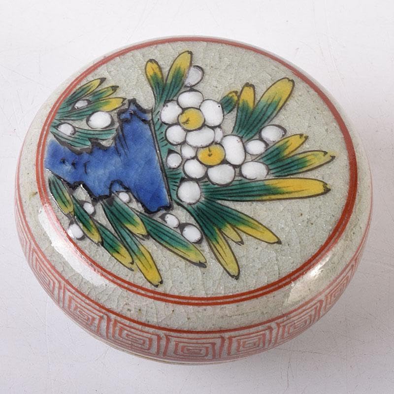 渋草焼　竹洞舎　渋草陶窯　渋草柳三作　色絵花文　香合　共布共箱　V　7323 渋草焼 竹洞舎 渋草陶窯 渋草柳三作 色絵花文 香合 共布共箱 V 7323