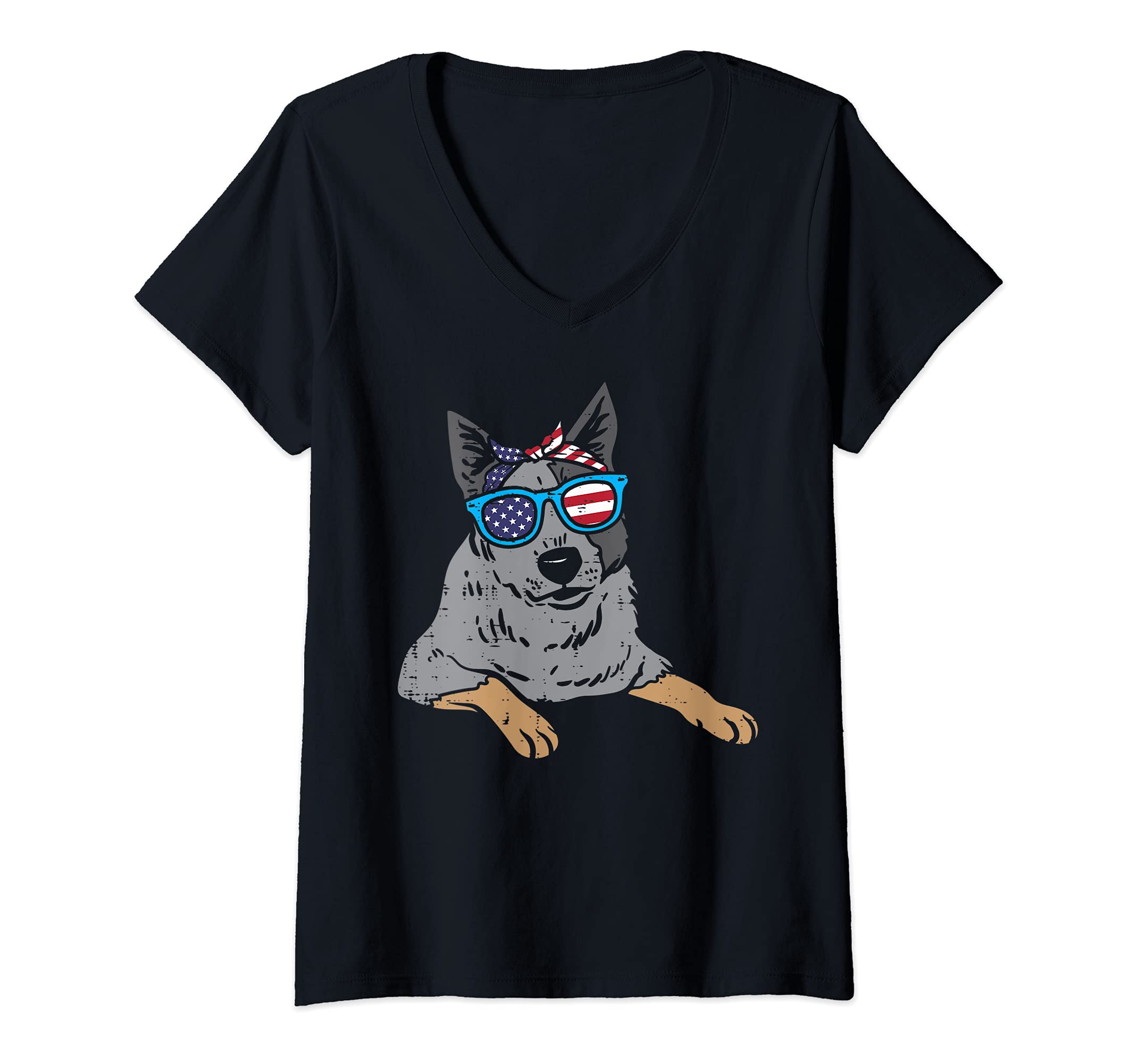 Womens Bandana Heeler Cattle Dog American US 4th Of July Fourth Dog V-Neck T-Shirt, Black