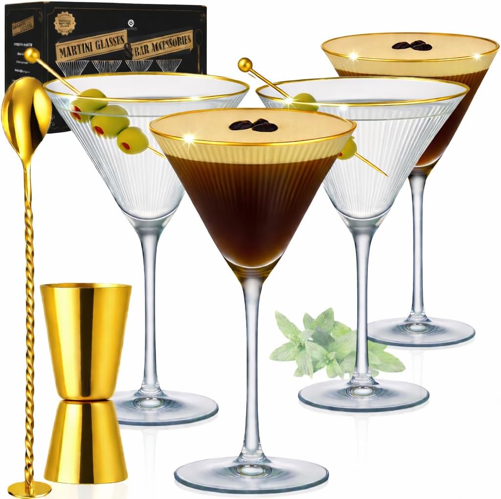 VEMACITY - Ribbed Espresso Martini Glasses Set of 4-8oz Gold Rim Cocktail Glasses with Bar Spoon and Jigger - For Margaritas, Cosmos & More | Ideal for Martinis and Manhattans
