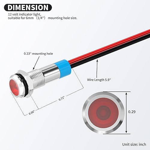 Miniatura 2 de DAIERTEK Luz indicadora LED de 12 V, LED roja, 0.236 in, metal, impermeable, 12 voltios, luz indicadora de 14 pulgadas, cabeza plana, montaje en