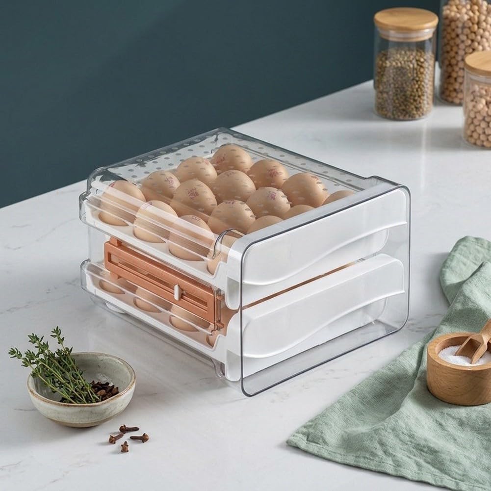 Eierbehälter für Kühlschrank, 2-stöckig stapelbar, 32 Eier Organizer Schublade, transparenter Kunststoff, platzsparend für Küche